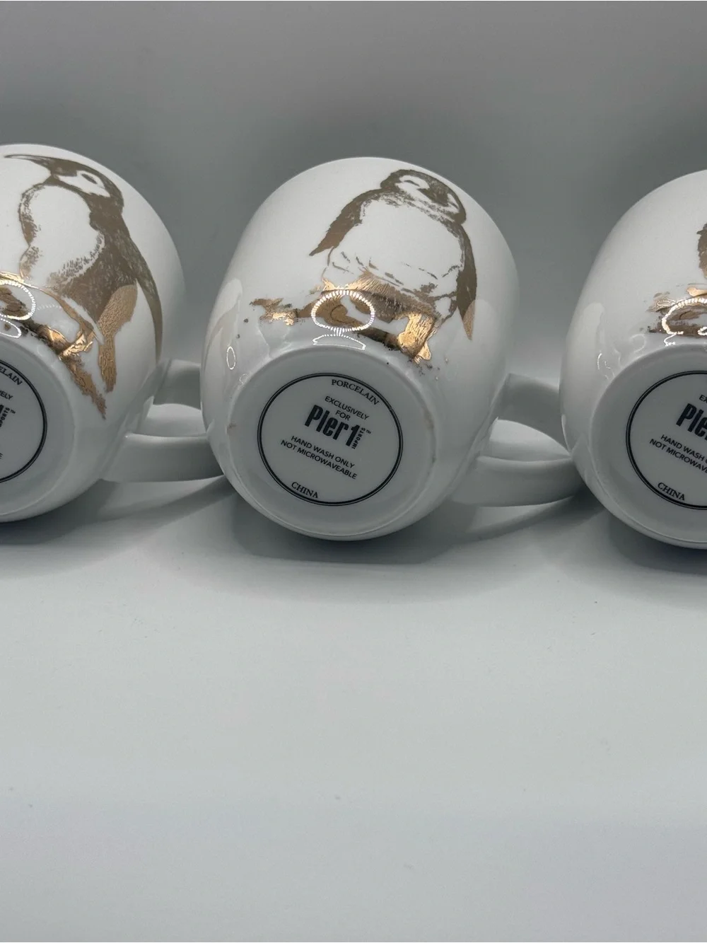 PIER 1 Gold Foiled Emperor Penguin Porcelain Mugs/Cups, Set of 3